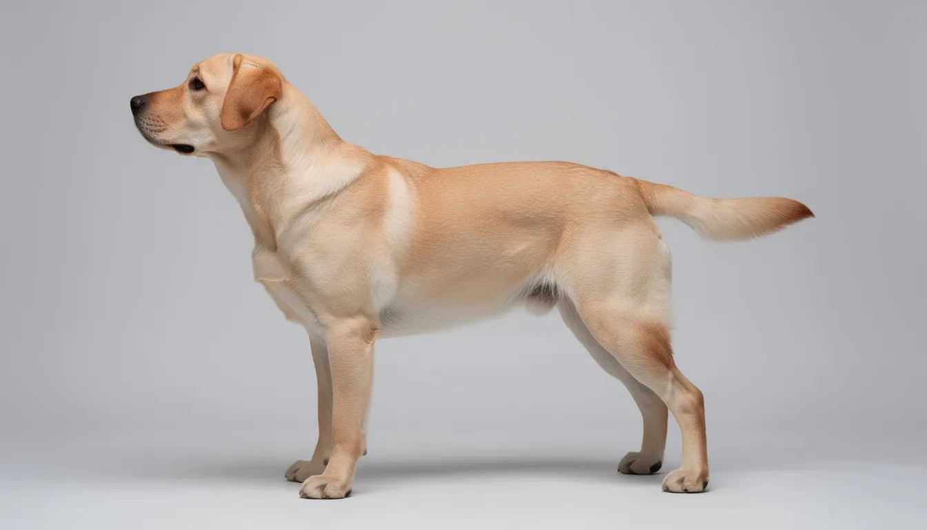 Na obrazku widoczny jest dorosły pies rasy labrador retriever stojący bokiem, co pozwala na ocenę jego proporcji ciała typowego psa średniej wielkości. Zwraca uwagę jego zewnętrzna budowa, w tym klatka piersiowa oraz wyraźnie zarysowane mięśnie szyi i kończyn.