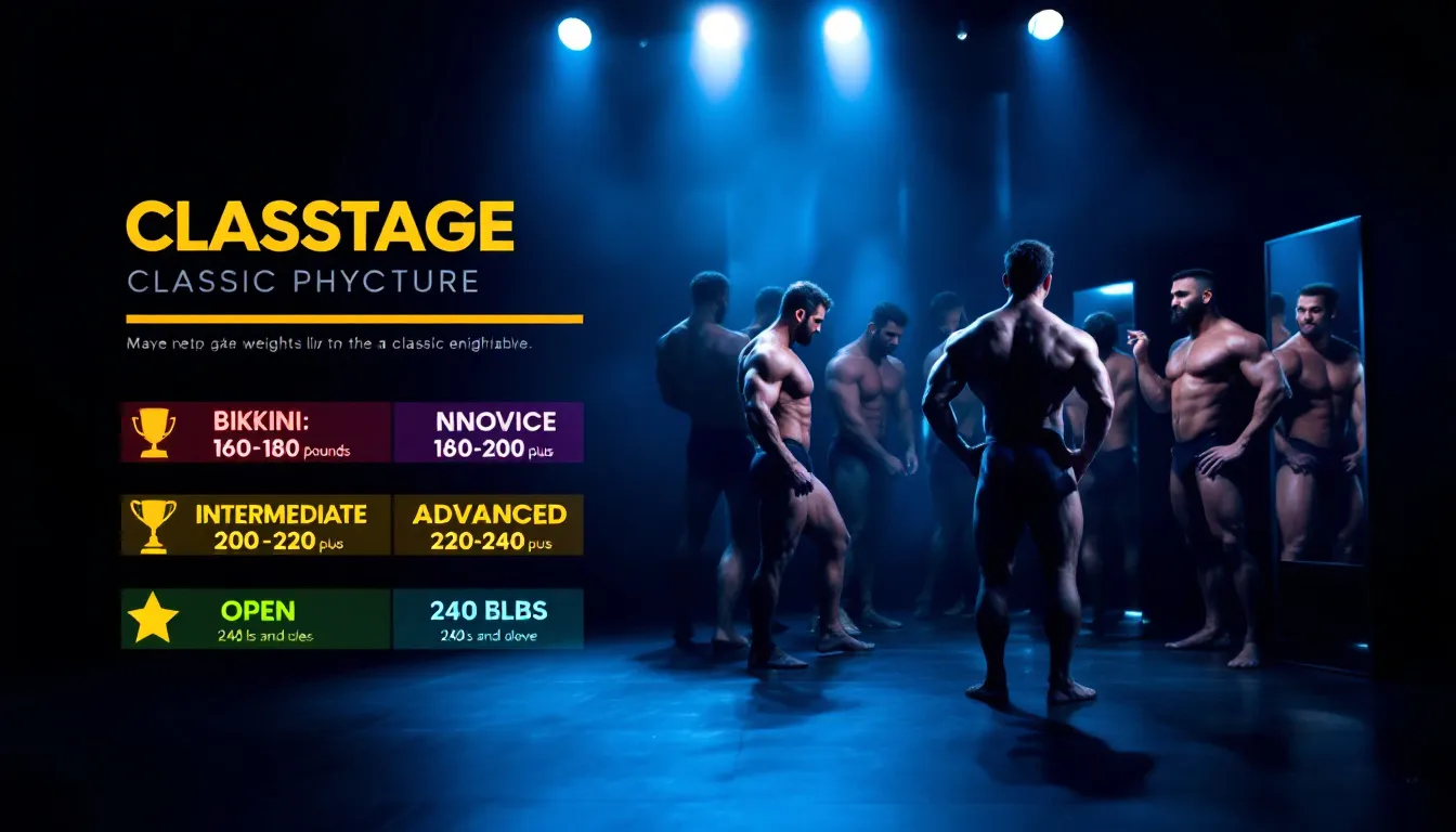 Competitors preparing backstage for a classic physique competition.