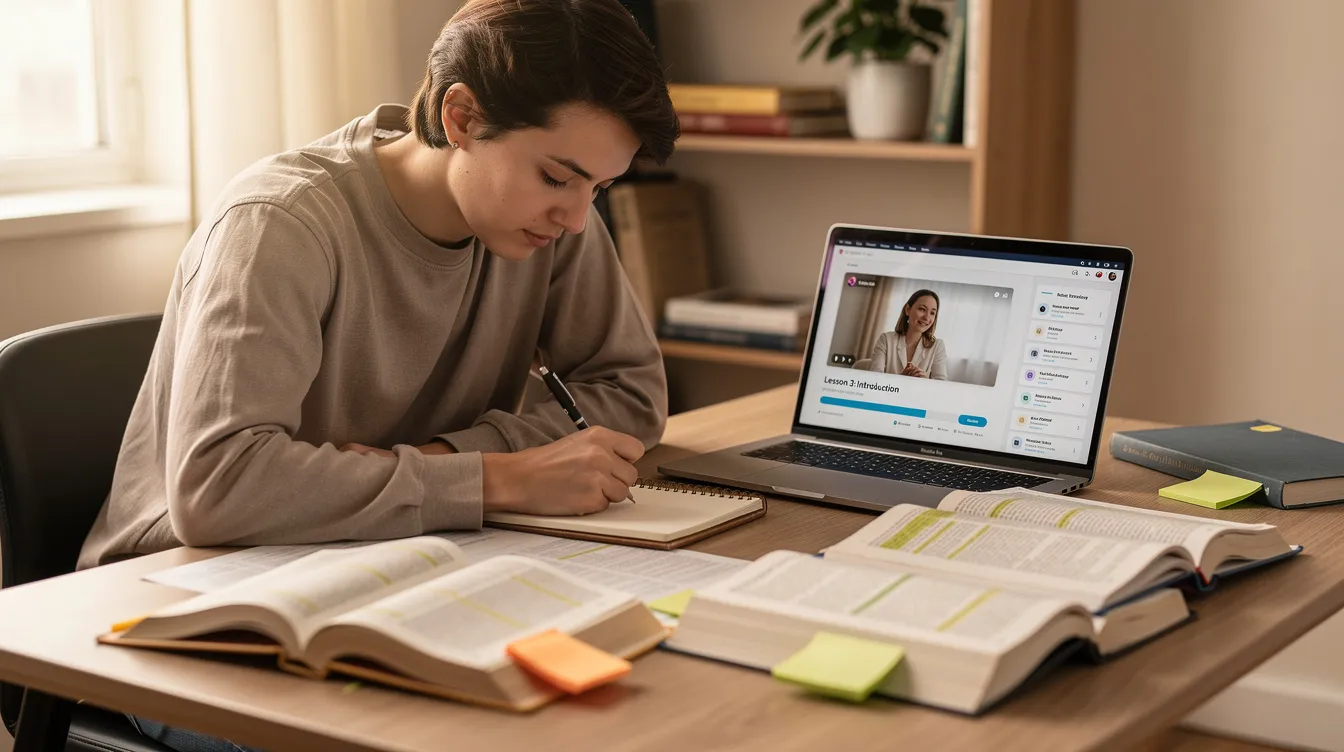 A person is studying at a wooden desk, surrounded by open textbooks and a laptop displaying an online course. This scene reflects the pursuit of legitimate education, essential for gaining employment and preparing for future career opportunities.