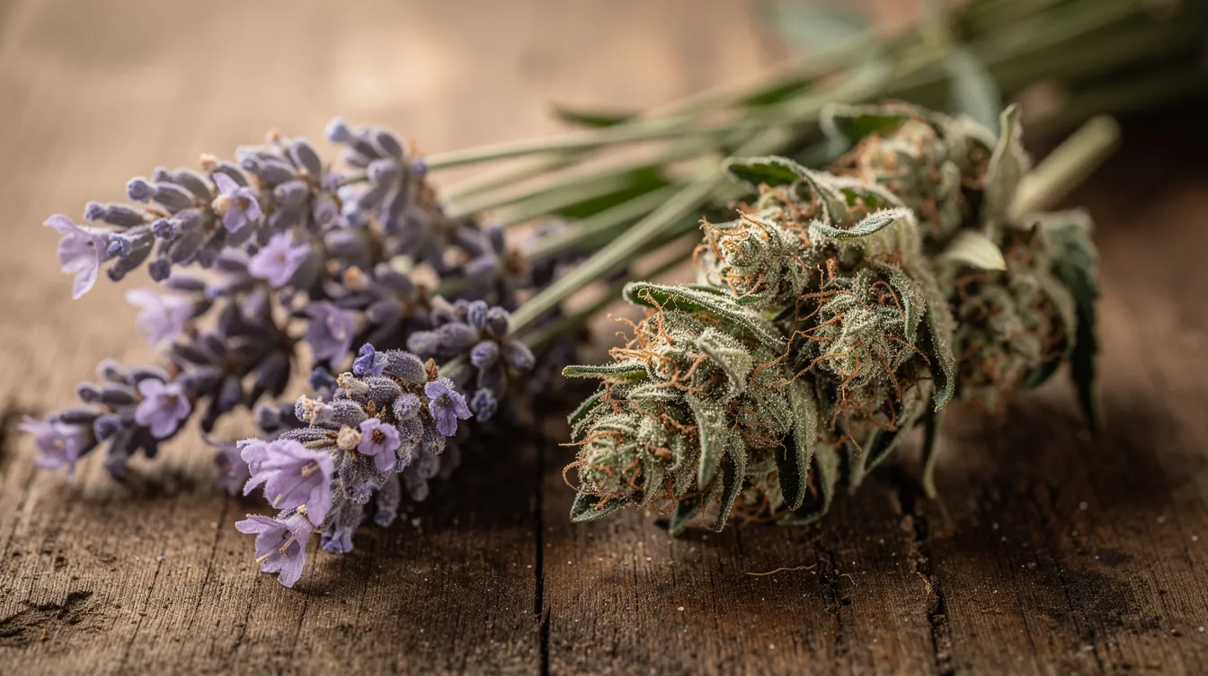 The image features vibrant purple cannabis buds alongside sprigs of lavender on a wooden surface, showcasing the aromatic herbs and their distinctive aromas. This arrangement highlights the connection between terpenes found in cannabis and the therapeutic properties of both plants, emphasizing their potential health benefits.