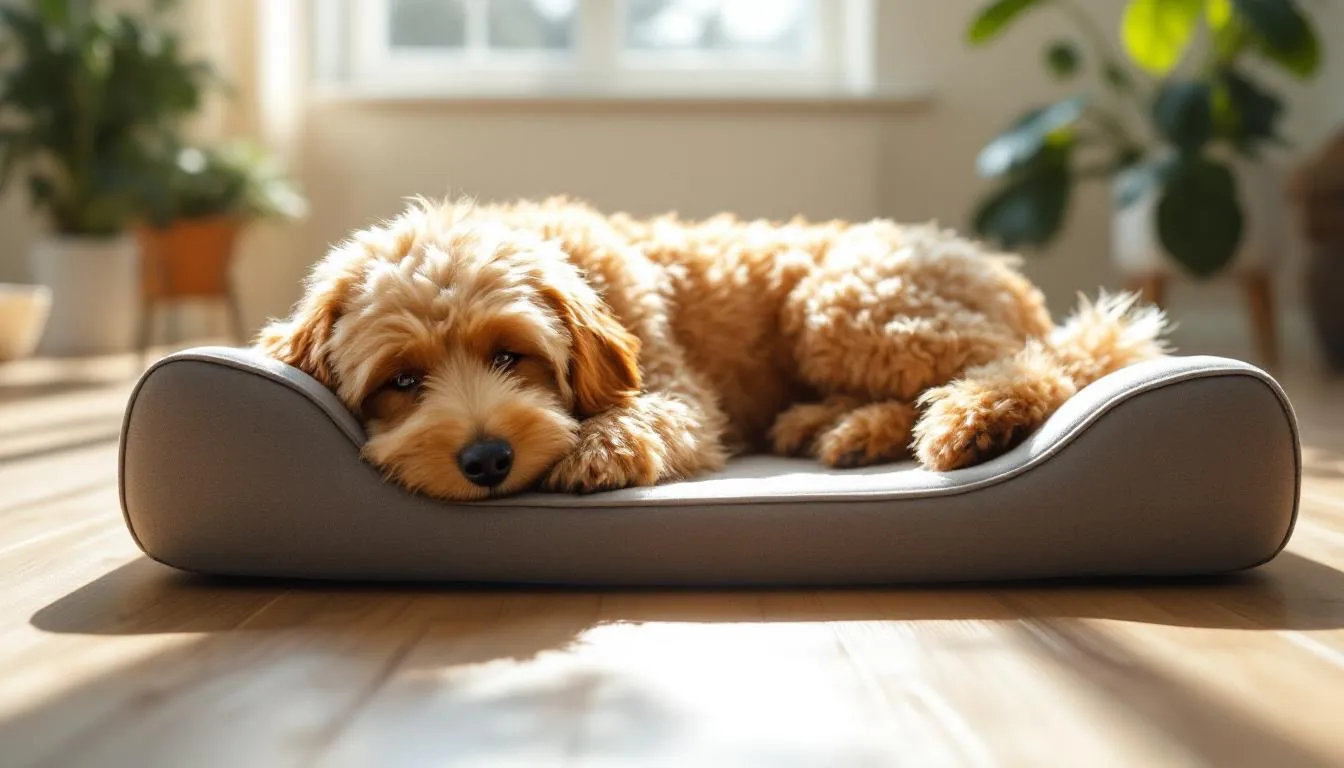 A senior miniature goldendoodle is peacefully resting on an orthopedic bed in a sunlit room, showcasing the comfort and care that contributes to a long and healthy life for mini goldendoodles. This scene highlights the importance of proper care and a healthy environment for enhancing the mini goldendoodle
