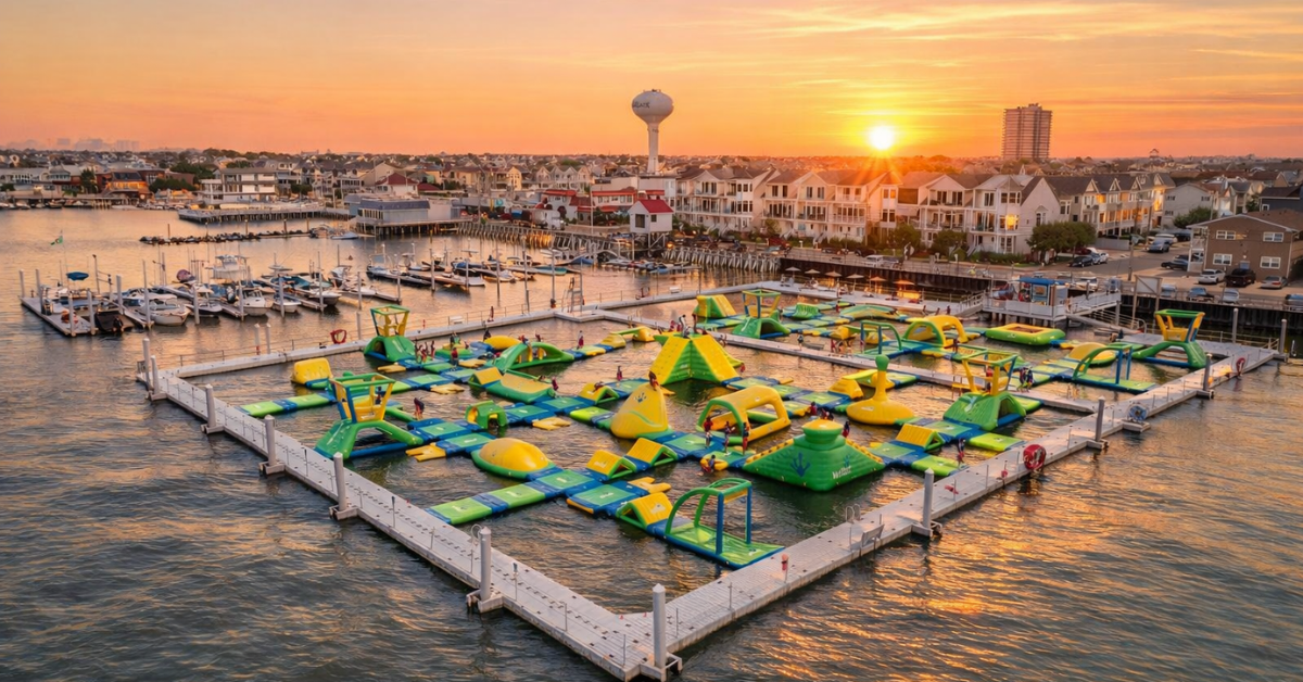 Sunset view of Island Aqua Park, a floating inflatable water park and marina in Margate City, New Jersey, with boats, waterfront homes, and the bay glowing under an orange sky.