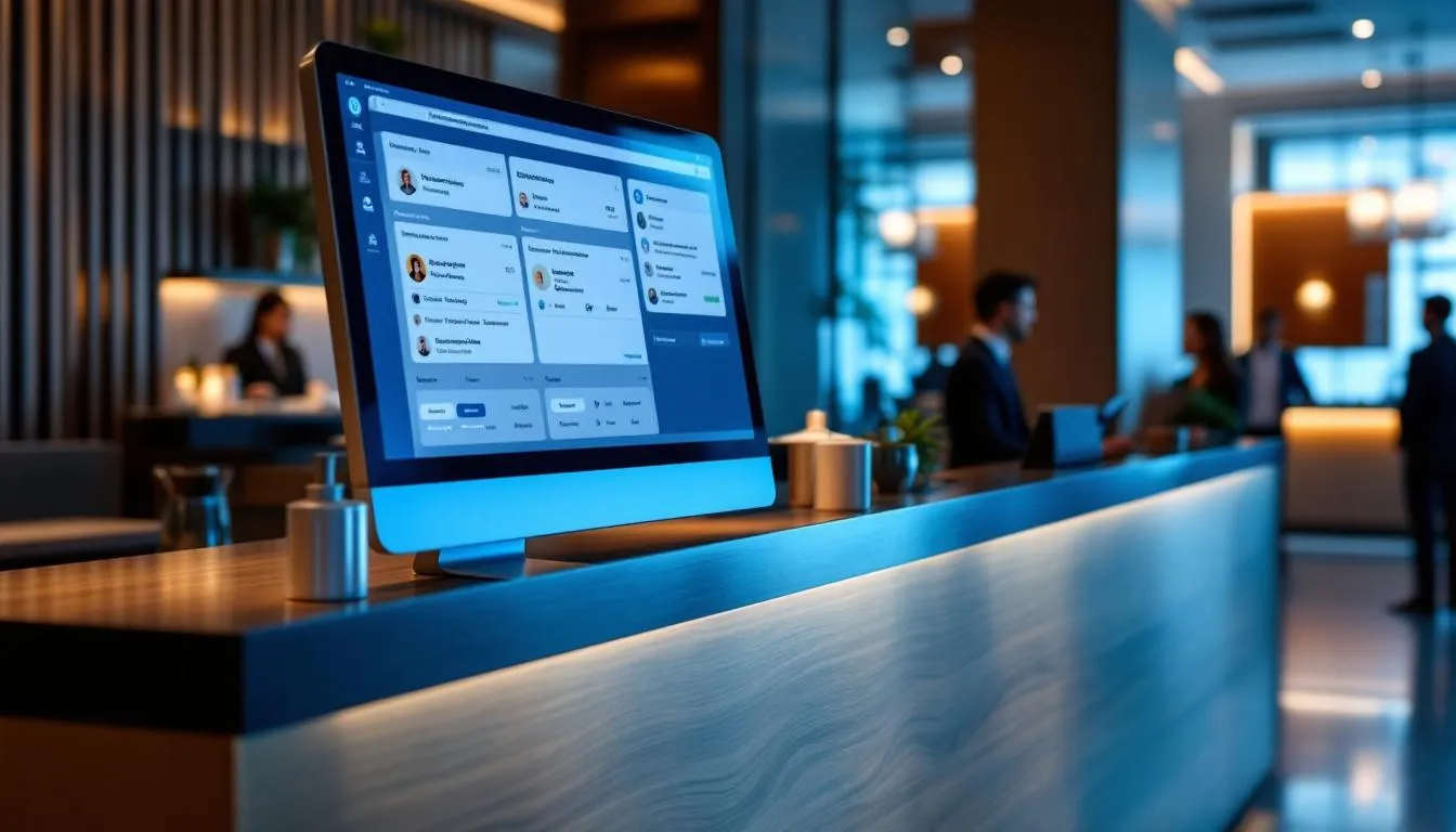 A modern hotel reception desk features a sleek design with a computer displaying a hotel reservation management system, showcasing the essential software used to manage bookings, room inventory, and guest details in the hospitality industry. This setup emphasizes the importance of an integrated booking engine for efficient hotel operations and a seamless guest experience.