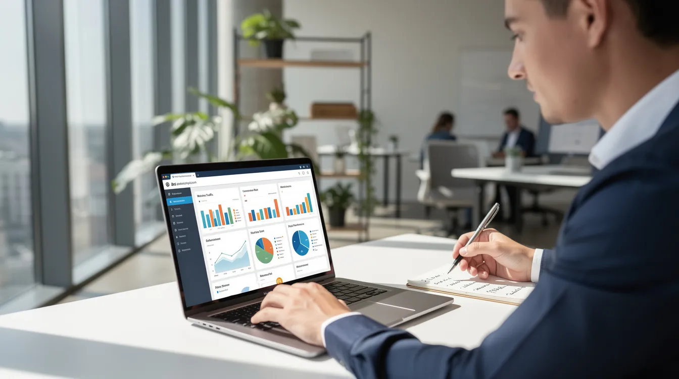A person is seated at a sleek desk in a bright, modern office, intently working on a laptop displaying colorful marketing analytics charts. This scene reflects a commitment to business growth and the challenges faced by startups in today's competitive environment.