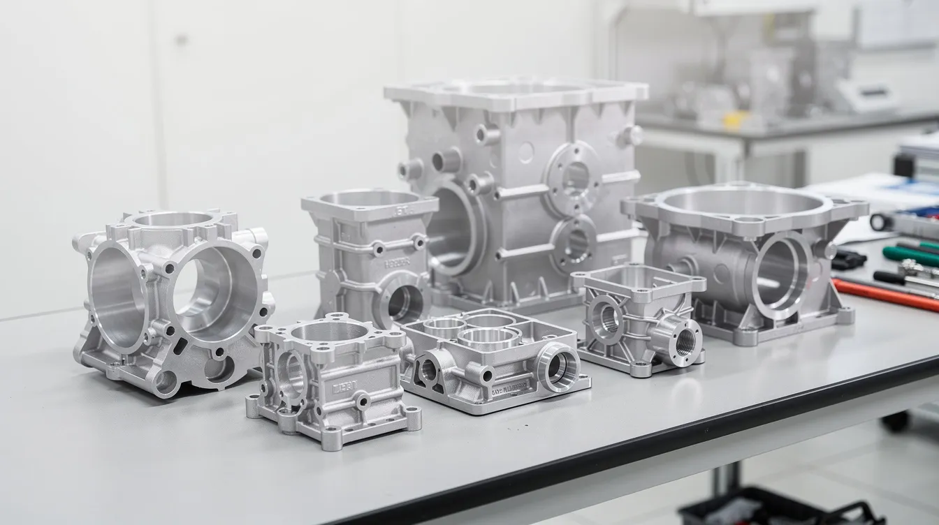 The image showcases several precision-machined aluminum die cast components of varying sizes, neatly arranged on an inspection table within a clean manufacturing environment. This setting emphasizes the high pressure die casting process, highlighting the meticulous attention to detail and dimensional accuracy required in the production of these complex parts.