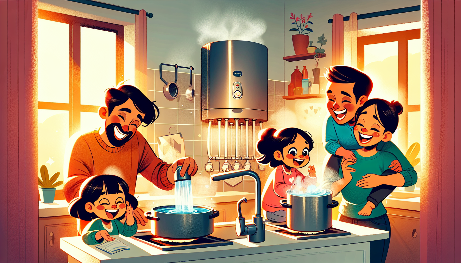 An illustration of a family enjoying endless hot water from a continuous hot water system.