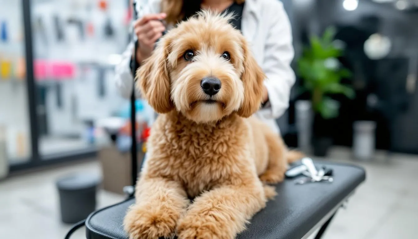 A mini goldendoodle is being professionally groomed, showcasing its fluffy and well-maintained coat. This affectionate and friendly dog, known for its hypoallergenic qualities, sits calmly as a groomer carefully tends to its curly fur.