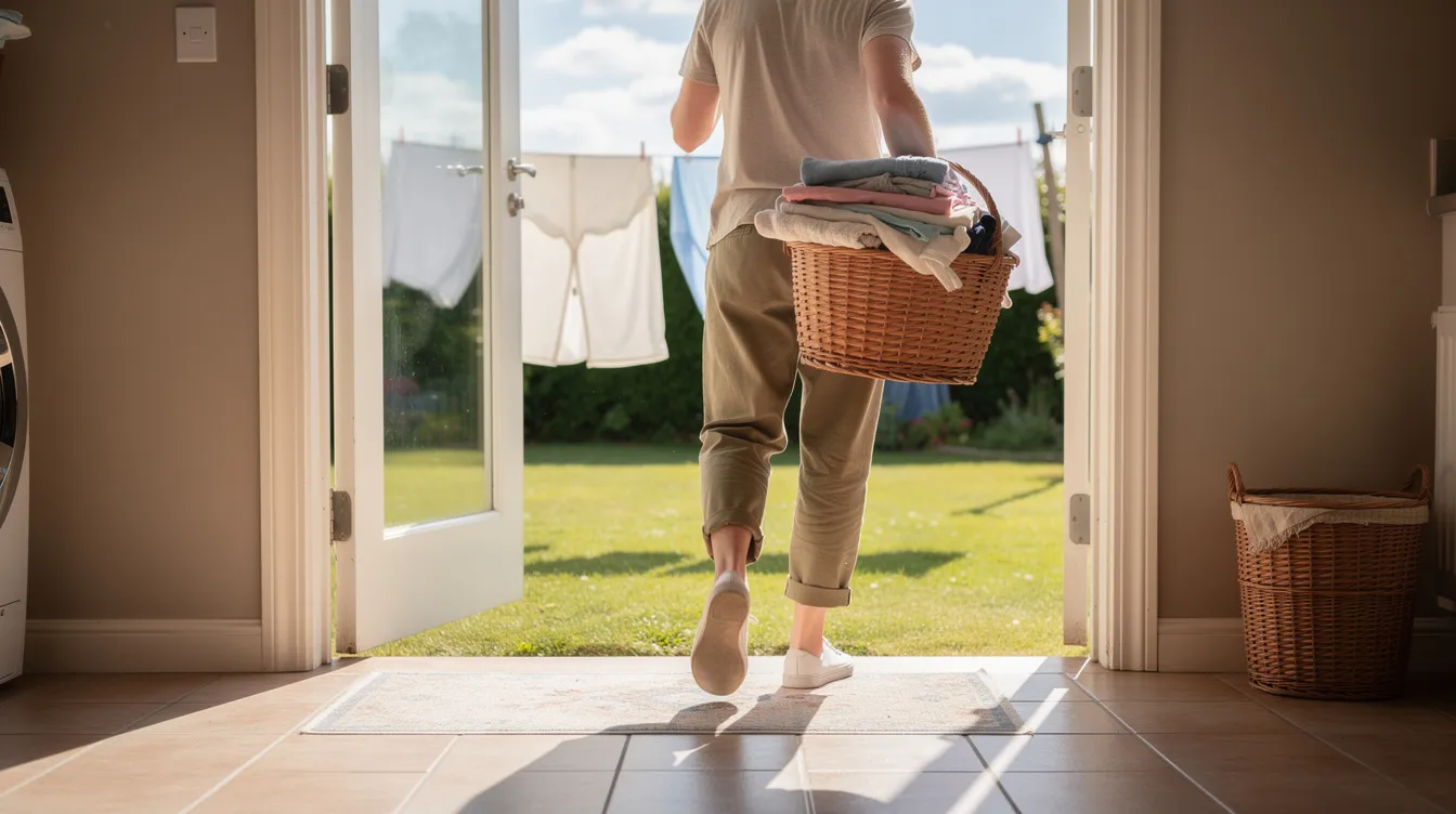 A person is carrying a basket filled with freshly washed laundry through a sunny doorway, heading towards an outdoor clothesline. This scene highlights the use of energy efficient washing machines, which help save energy and reduce electricity bills for households.