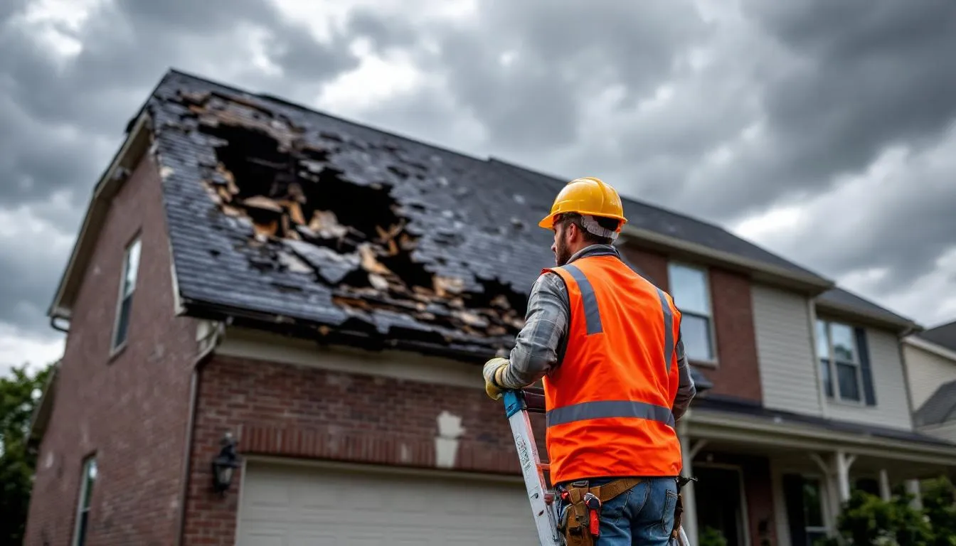 A professional roofer is inspecting storm damage on a residential home in Louisville, KY, assessing the roof for necessary repairs and potential water damage. This thorough inspection is essential for homeowners to ensure the integrity of their roofing system and protect their property.