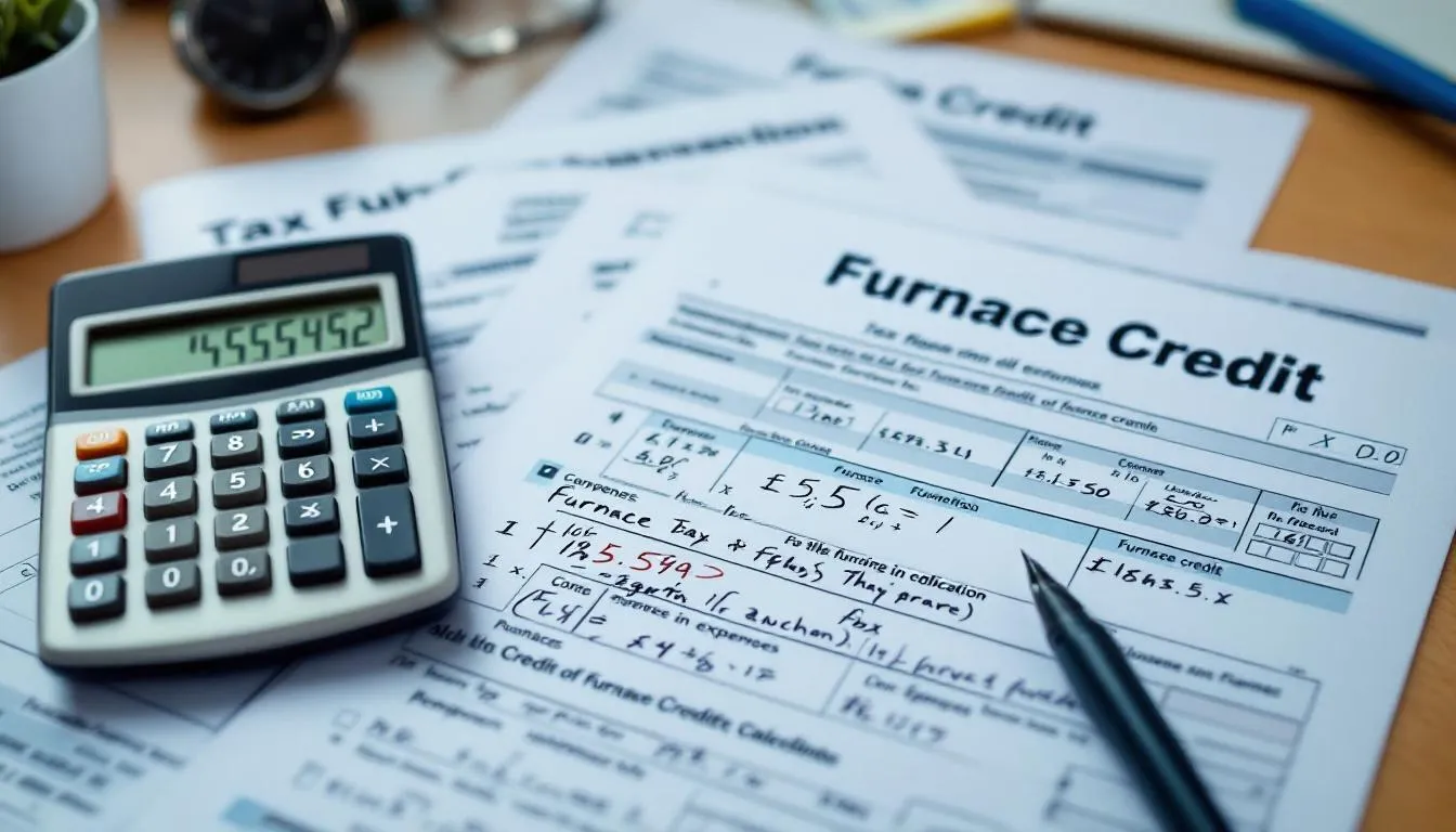 A calculator sits on a desk alongside various tax forms, illustrating calculations related to the furnace tax credit for energy efficient home improvements. The forms detail potential federal tax credits for upgrades like heat pumps and energy-efficient HVAC systems, emphasizing energy and cost savings.