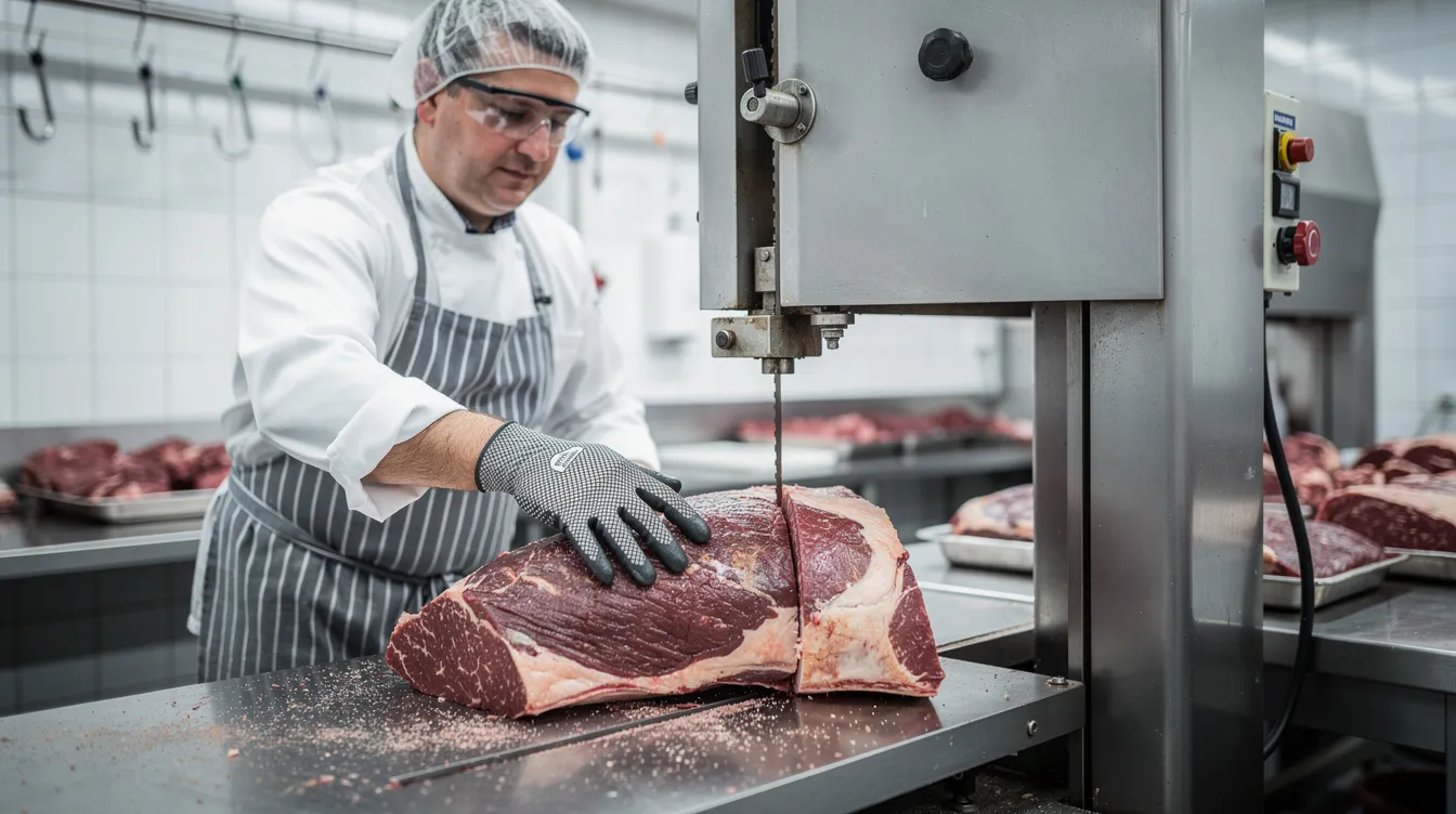 Un boucher professionnel utilise une scie à os pour découper un gros morceau de viande avec précision, entouré de matériel de boucherie. L'environnement de la boucherie charcuterie est bien équipé, mettant en avant l'efficacité et la qualité du travail artisanal.