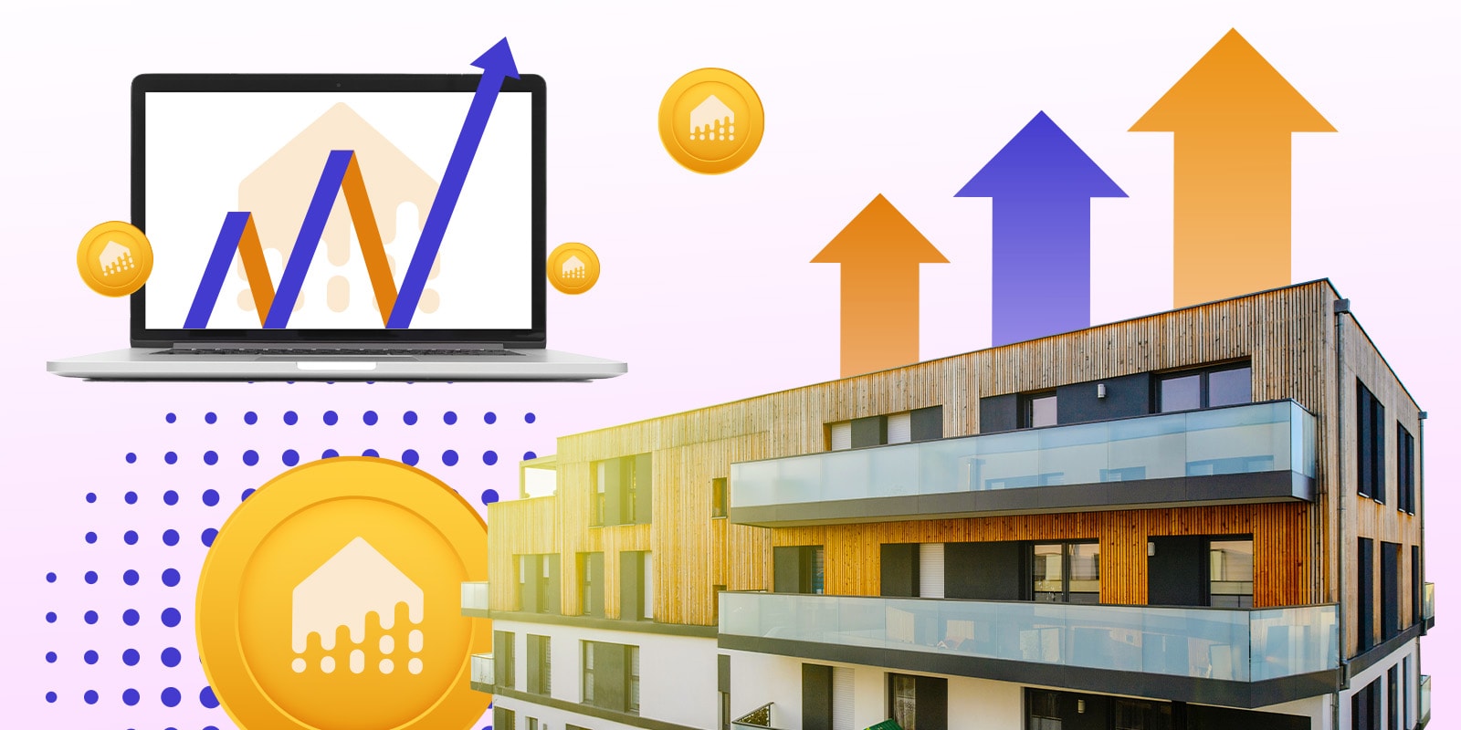 An illustration showing a house with crypto symbols, representing real estate purchases with Bitcoin.