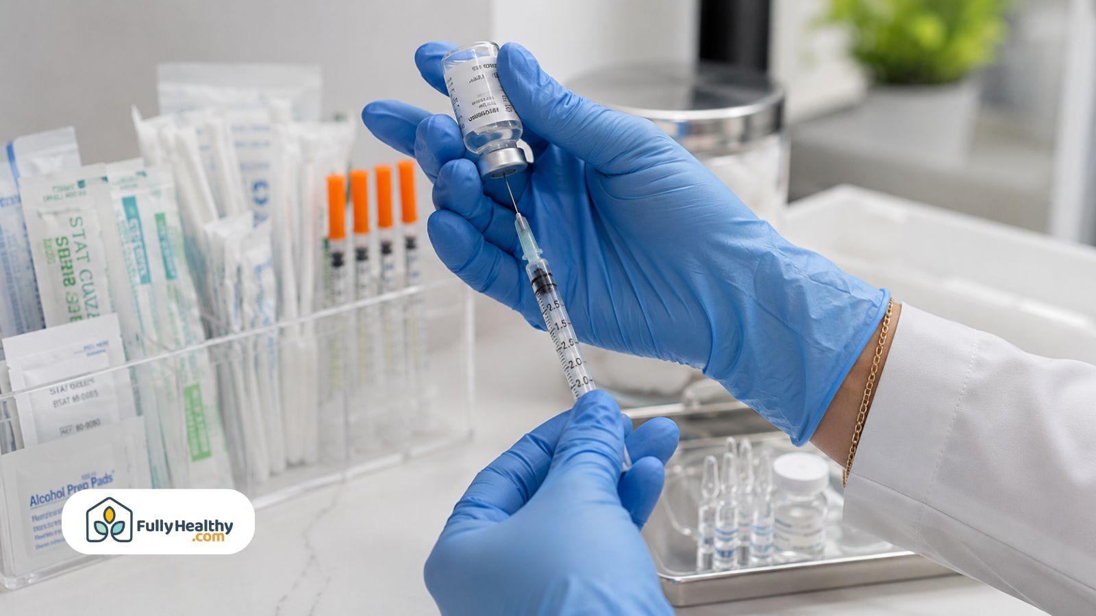 Healthcare professional preparing peptide injection with syringe.
