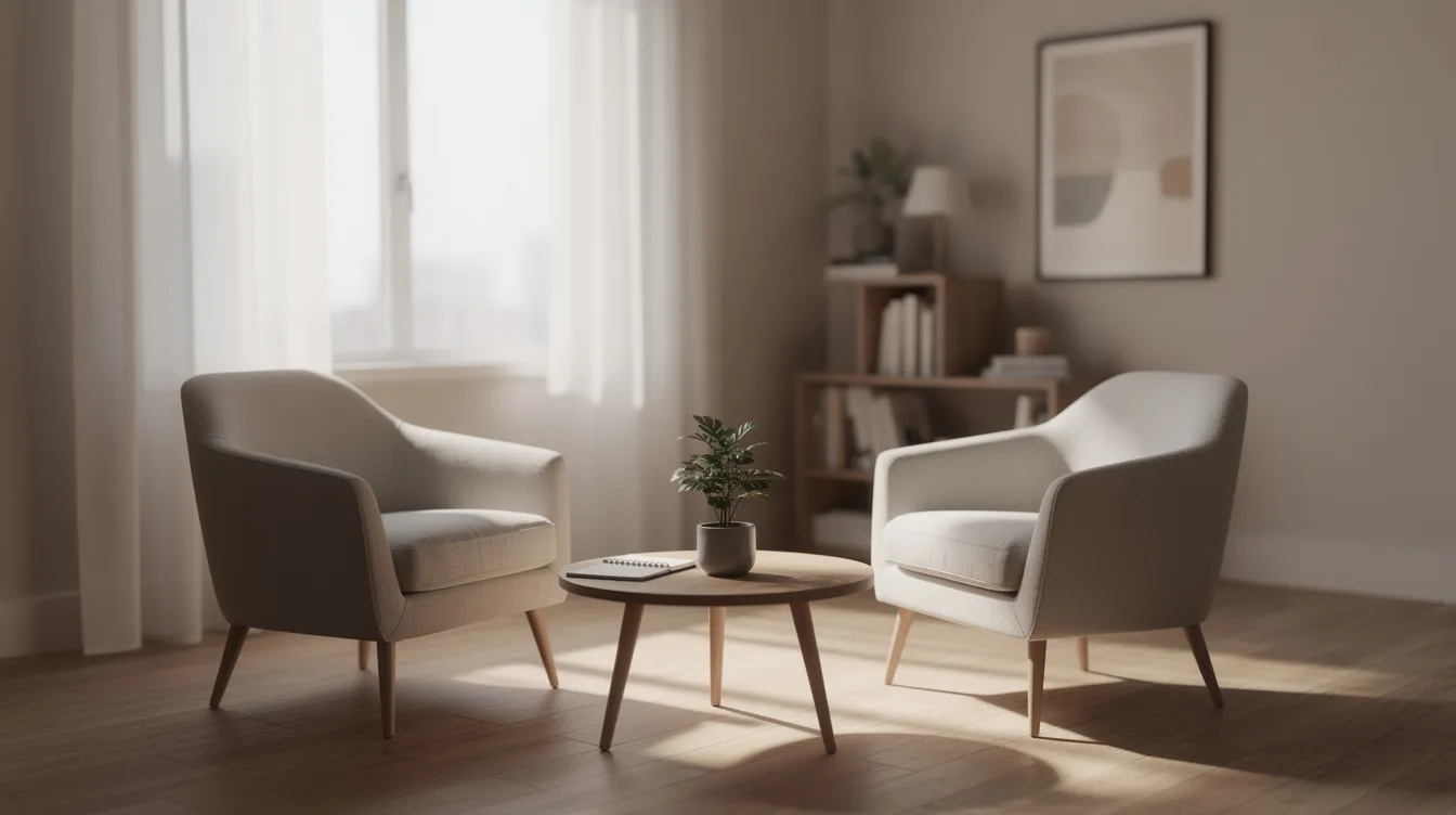 The image depicts a cozy interview space bathed in soft natural light, featuring two chairs positioned comfortably across from each other, ideal for engaging conversations. This inviting setting could be used for a public service announcement or narrative video, promoting community awareness and understanding.