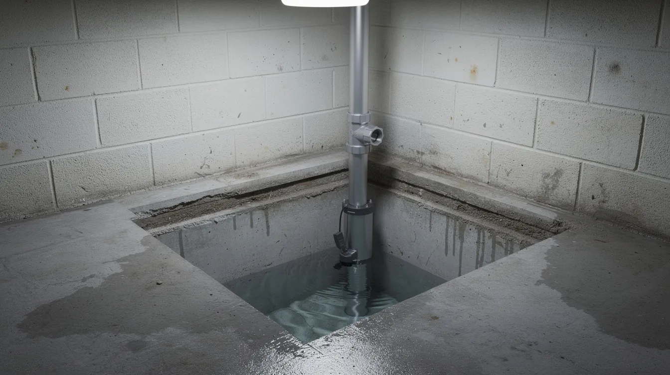 The image shows a sump pump installed in a concrete pit in a residential basement, with water visibly collecting around the pump. This setup is crucial for preventing flooding and managing water issues, making it an important aspect of plumbing services for Seattle homeowners facing potential plumbing emergencies.