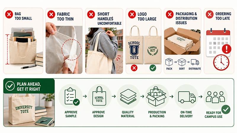 Common mistakes when ordering school tote bags, including small size, thin fabric, short handles, large logos, packaging issues, and late orders.