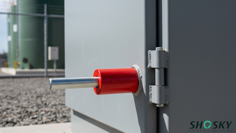Numbered red bolt seal on a metal utility box