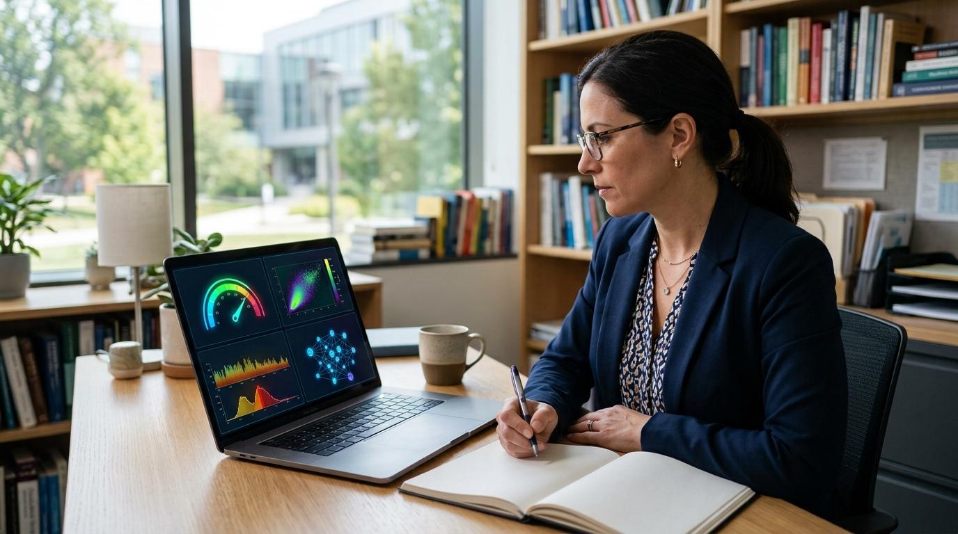 Professional educator and researcher evaluating multiple AI plagiarism detection platforms on a modern laptop with abstract visual indicators for accuracy, originality, AI detection, and academic integrity.