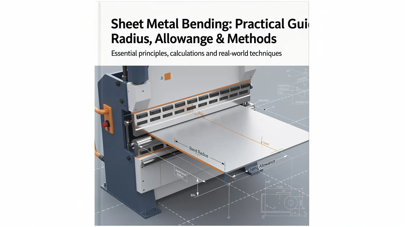 The image depicts a detailed guide to the sheet metal bending process, showcasing various bending methods such as air bending and rotary bending, along with illustrations of bend angles and minimum bend radii for stainless steel and carbon steel materials. It emphasizes the importance of accurate bending techniques for achieving tight tolerances and maintaining the structural integrity of bent sheet metal parts.
