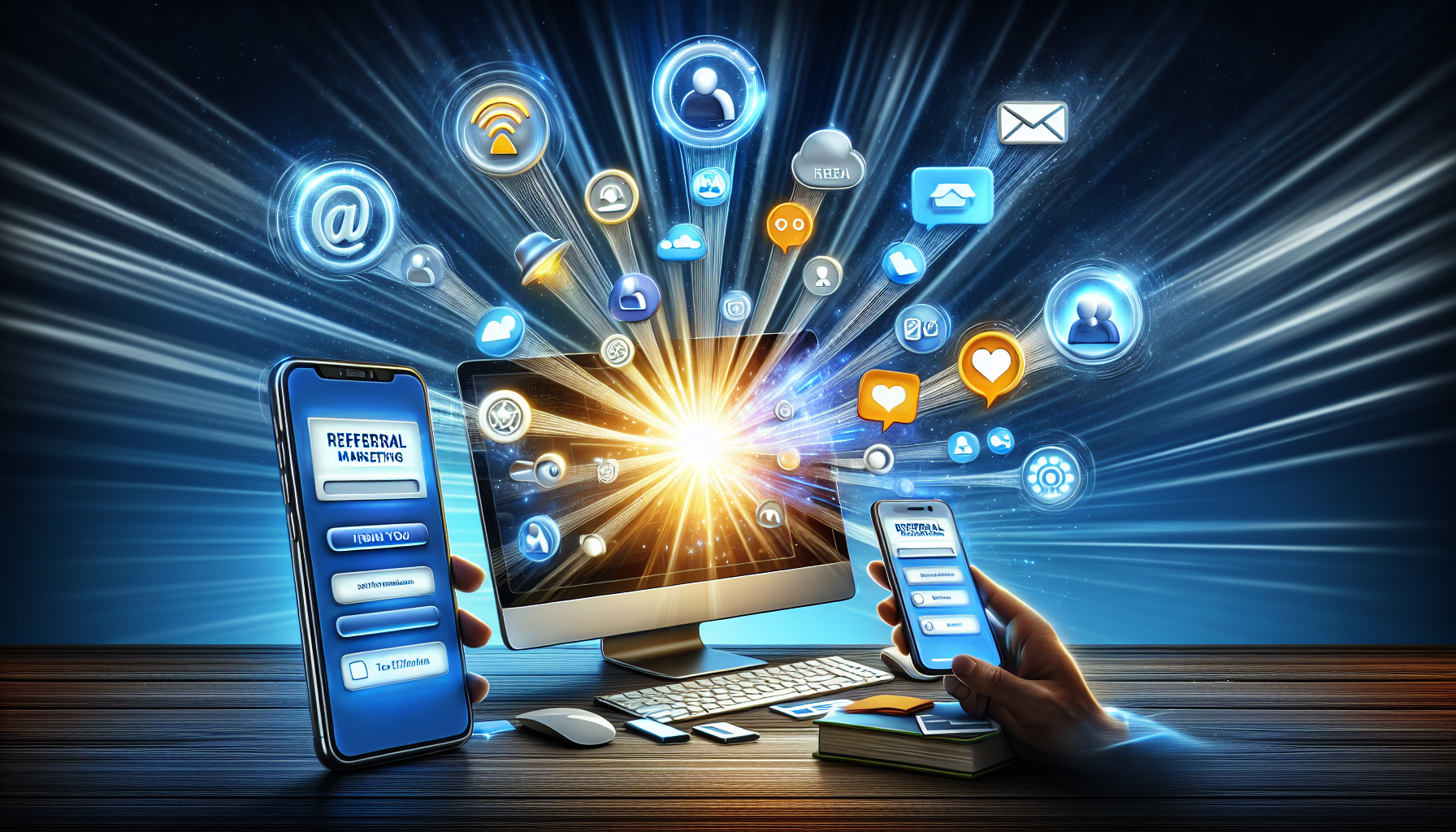 Ilustración de herramientas y plataformas para el marketing de recomendación, incluidas soluciones de software, integración de redes sociales y marketing por correo electrónico.