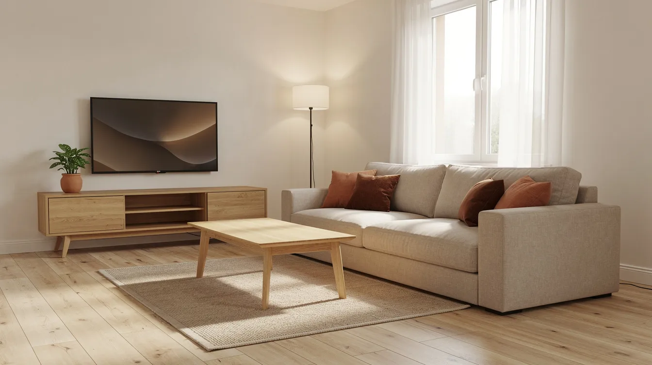 Een lichte woonkamer met een comfortabele bank, een stijlvolle salontafel en een houten tv-meubel in warme aardetinten. De meubels zijn perfect op elkaar afgestemd en creëren een moderne en gezellige sfeer in deze ingerichte woonkamer.