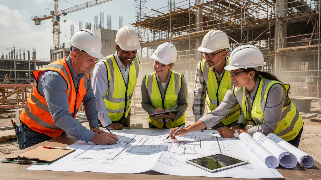 Construction professionals reviewing project documents at an active jobsite.