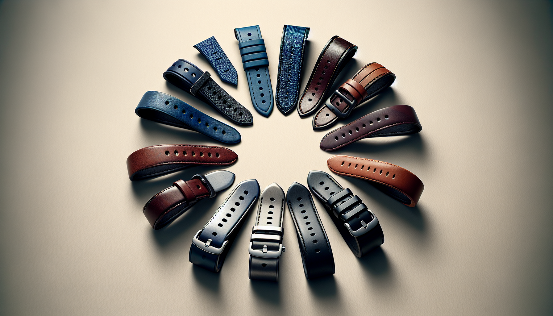 A variety of 16mm watch bands including leather, nylon, and metal options