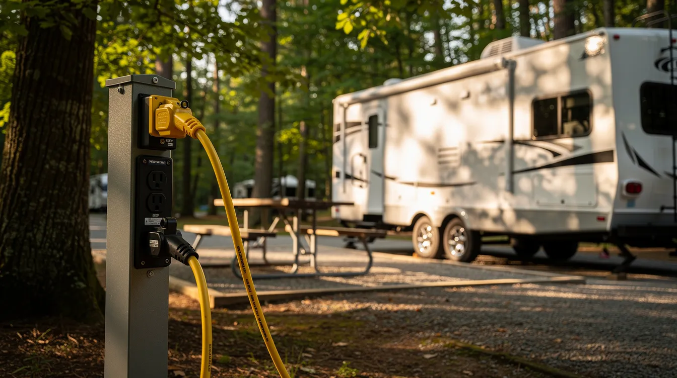 An RV is connected to a shore power pedestal in a shaded campground, showcasing its rooftop air conditioner, designed for efficient cooling and quieter operation. The scene highlights the vehicle's electrical system, ensuring a comfortable environment with cool air for campers enjoying their outdoor experience.