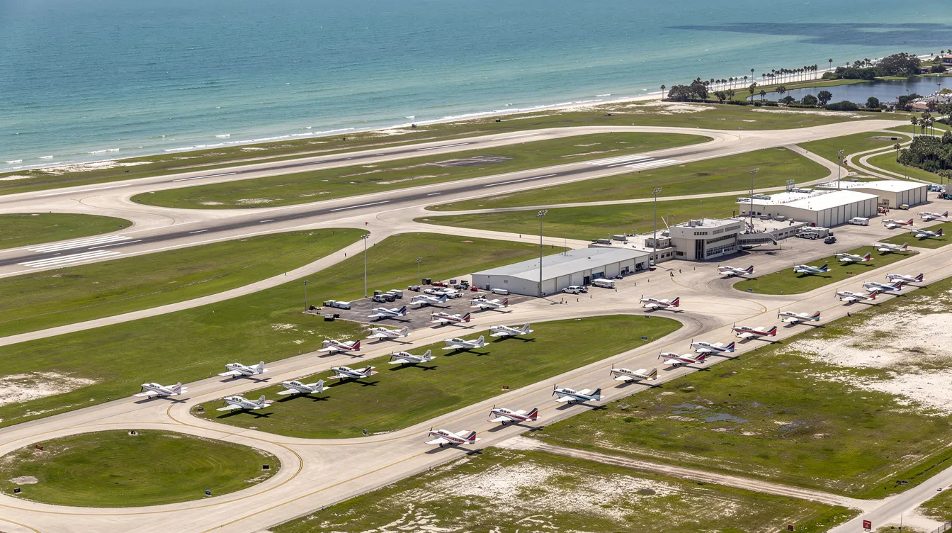 An aerial view captures a coastal Florida airport featuring multiple runways and taxiways, with various training aircraft scattered across the tarmac. This scene reflects the vibrant environment of flight training, essential for students pursuing their private pilot's license and other aviation programs at institutions like Embry-Riddle Aeronautical University.