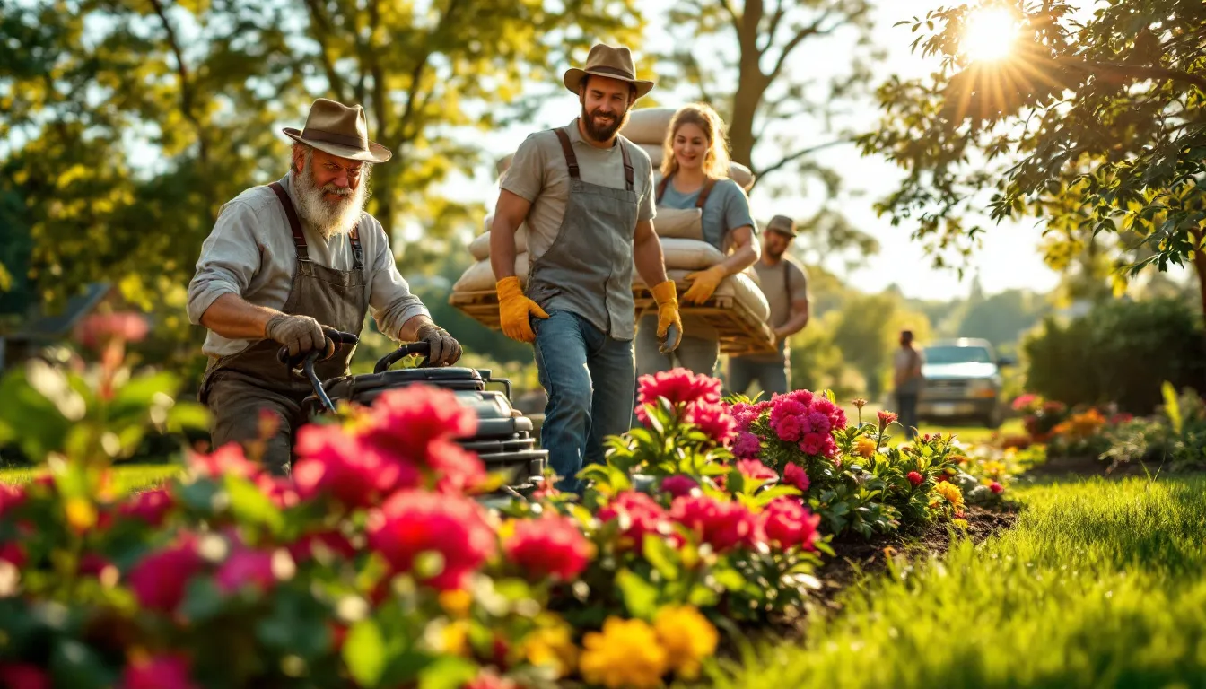 A team of employees working together in a landscaping business.