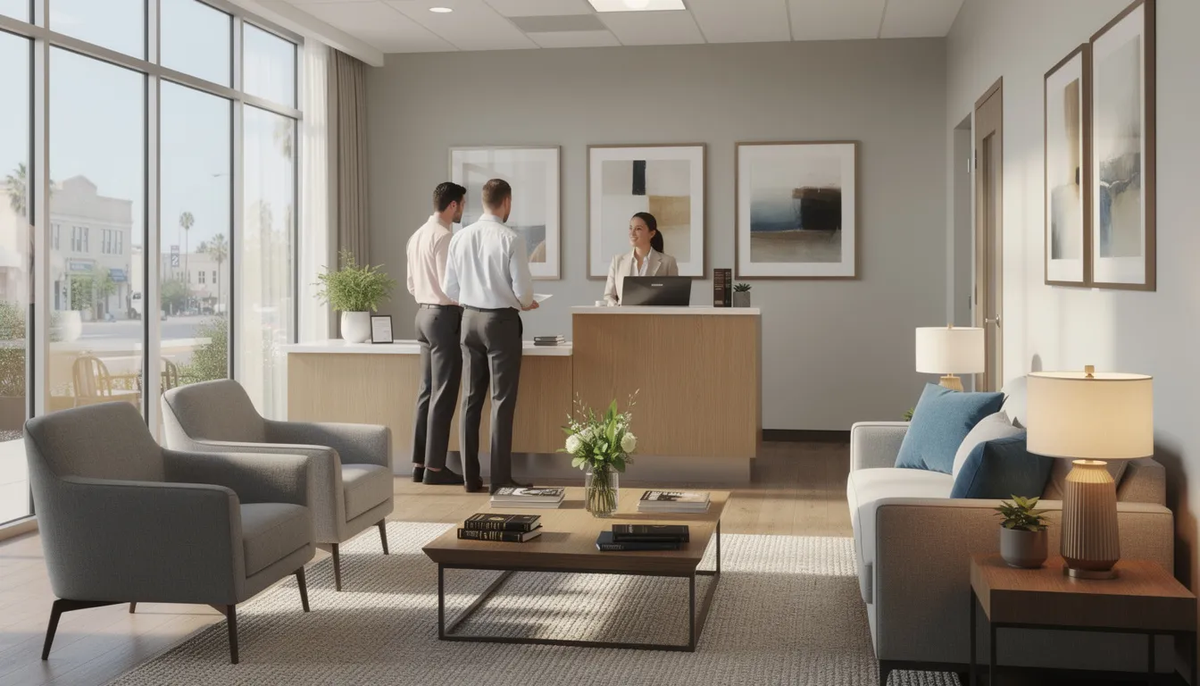 The image shows a modern law office reception area in Torrance, featuring comfortable seating that reflects the professional practices of a law firm. This inviting space is designed for clients seeking personalized attention for various legal issues, including divorce and estate planning.