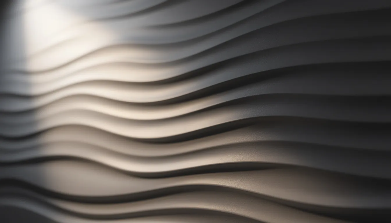 Close-up van een wandpaneel met een golvend patroon dat diepte creëert door een speels spel van licht en schaduw. Het paneel heeft een strakke afwerking en is gemaakt van hoogwaardig polyurethaan, wat bijdraagt aan de akoestische eigenschappen en het moderne interieurontwerp.