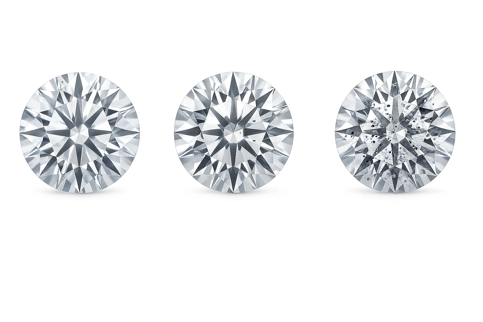 Briliantai švarumas pirmasis visiškai skaidrus be defektų (IF–VVS), antrasis su keliais vos matomais intarpais (VS–SI), trečiasis su daugybe aiškiai matomų intarpų (I).