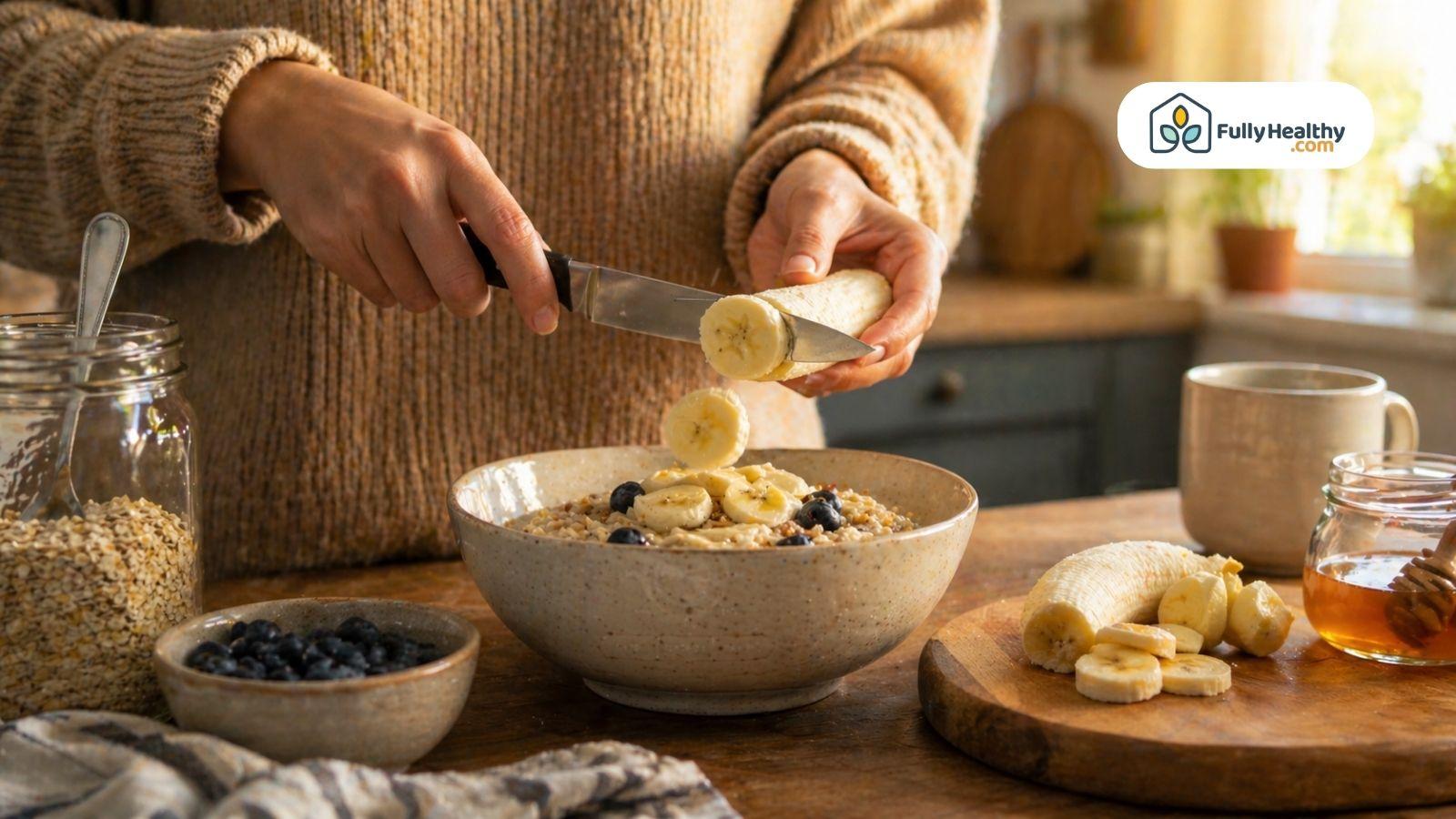 Person slicing banana over a bowl of oatmeal with blueberries in a warm kitchen setting.