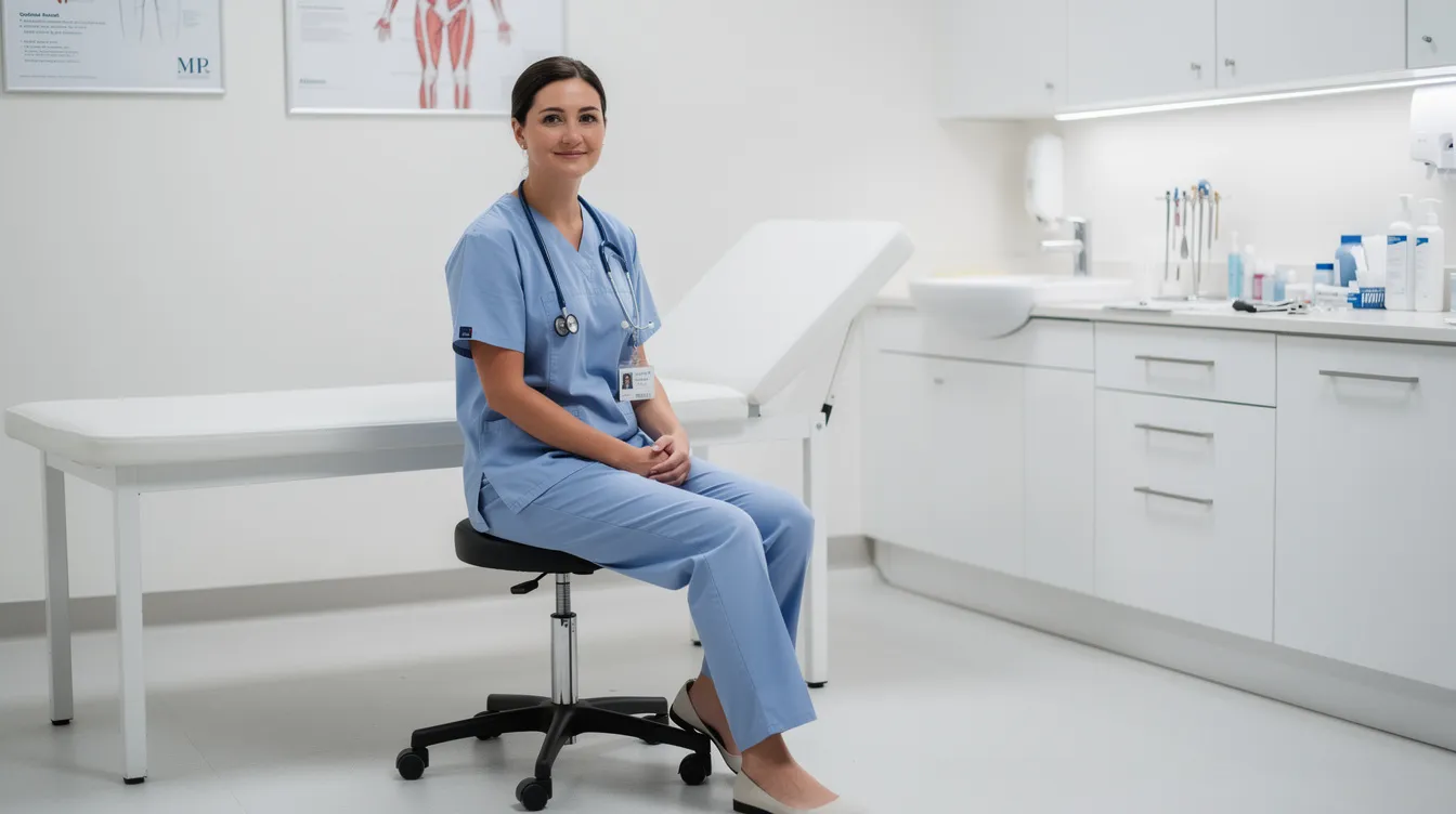 A healthcare professional is seated on a rolling stool next to a power exam table in a clean exam room, equipped with essential medical equipment for patient care. The setting emphasizes a professional atmosphere, ideal for clinics looking to enhance their healthcare solutions.