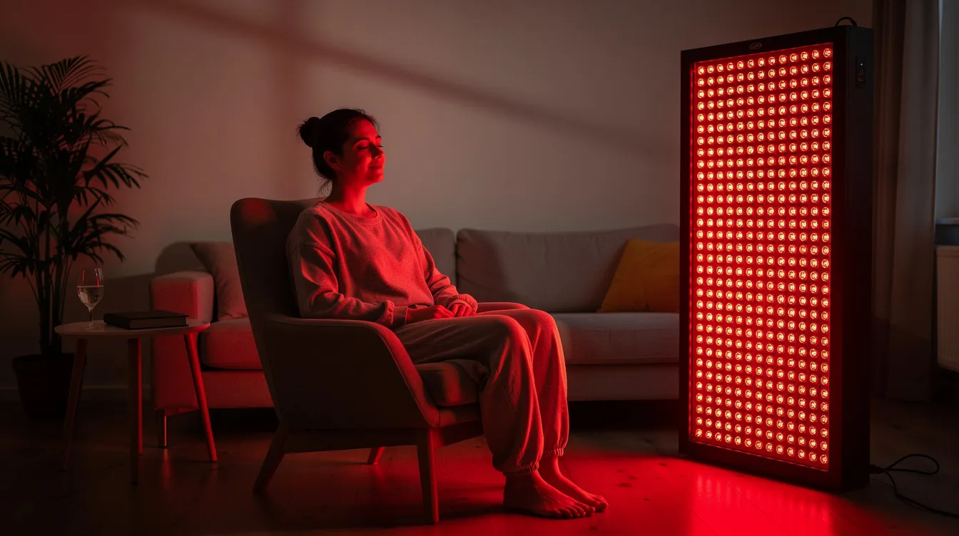 A person is using a red light therapy panel in a cozy home setting, which is known for its potential health benefits such as improving skin elasticity and promoting collagen production. This longevity intervention is part of a broader lifestyle that may include a healthy diet and exercise routine to enhance overall well-being.