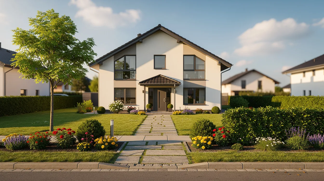 Das Bild zeigt ein Einfamilienhaus mit einem gepflegten Garten in einer ruhigen Wohngegend, umgeben von grünen Bäumen und Sträuchern, während die Sonne scheint. Diese Immobilie könnte für potenzielle Käufer interessant sein, die sich mit den Kaufnebenkosten und der Finanzierung beim Hauskauf auseinandersetzen möchten.