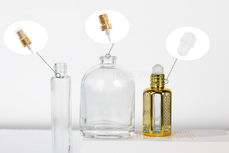Perfume bottles with different opening mechanisms.