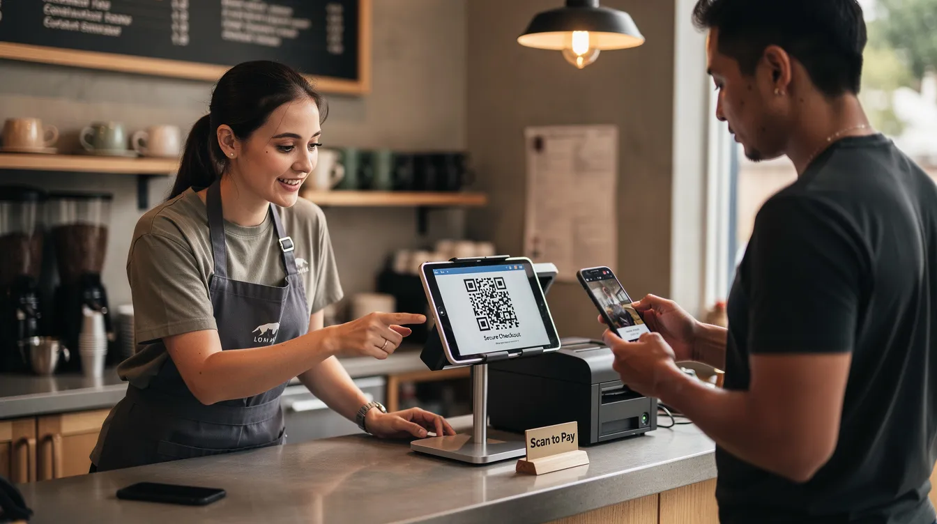 A café employee is demonstrating to a customer how to scan a QR code at the checkout counter, with a tablet mounted beside the register. This interaction highlights the use of digital loyalty programs, which can help small businesses engage customers and encourage repeat business.