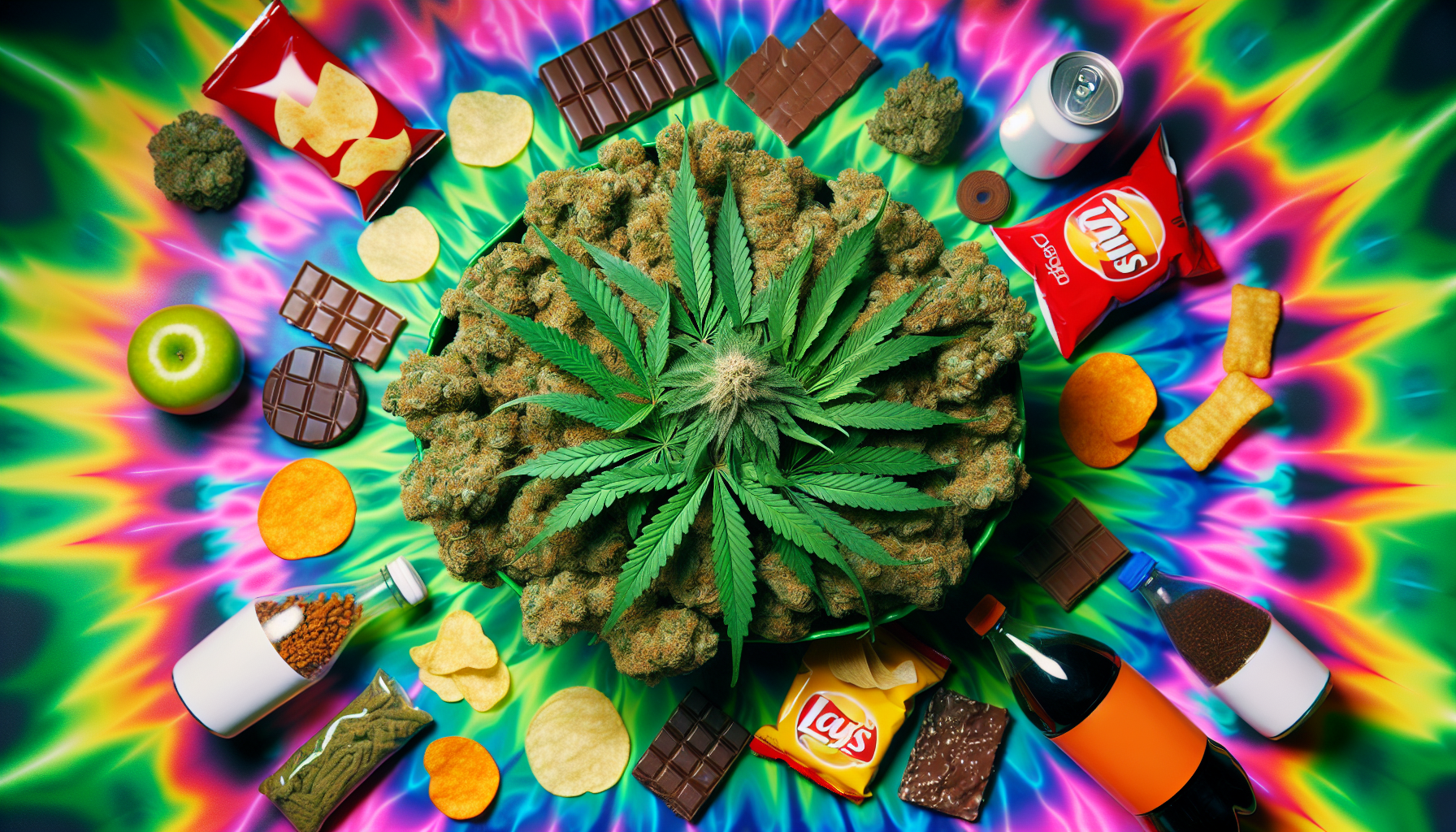 Illustration of cannabis leaves and unhealthy snacks