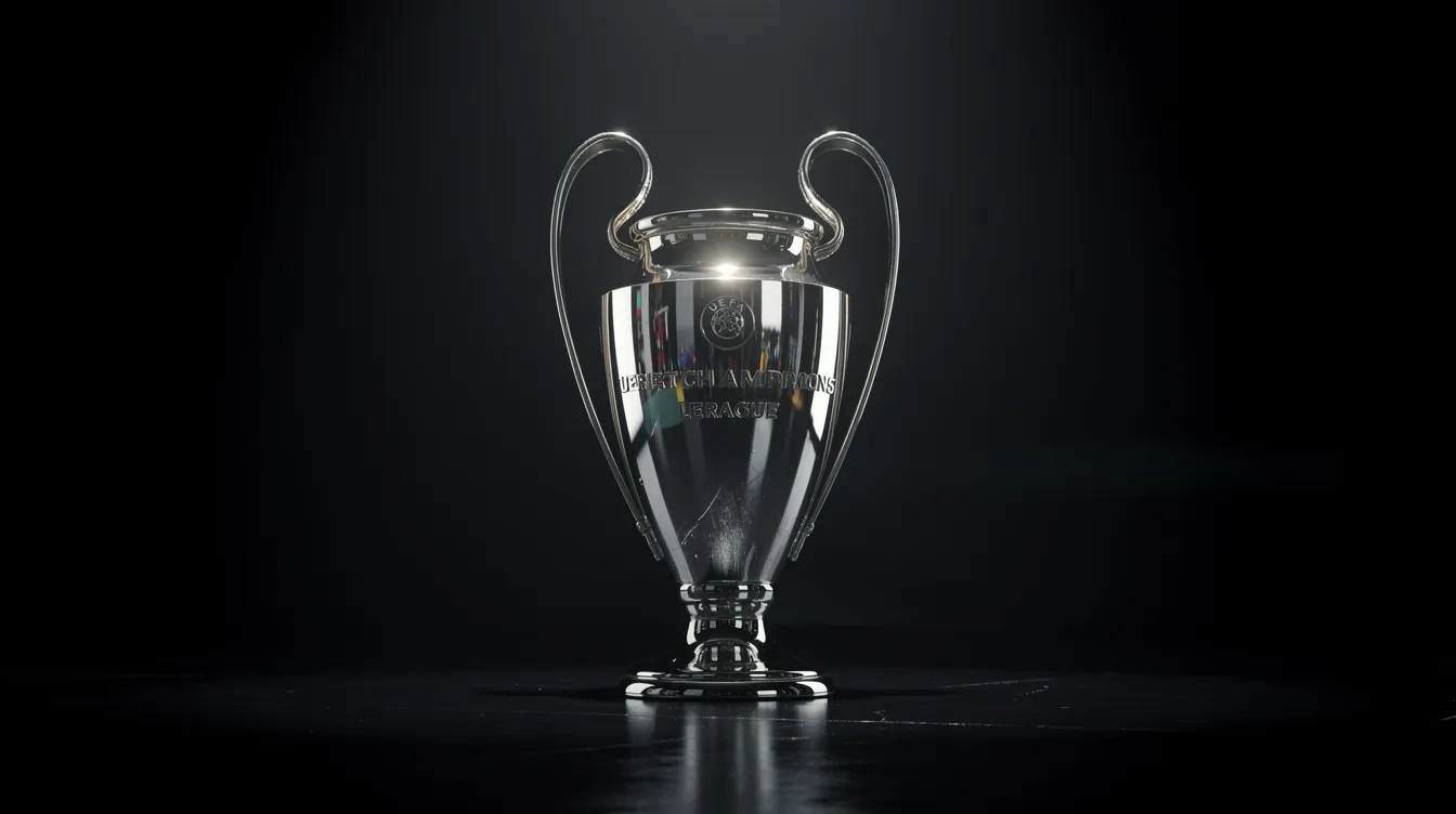 Den ikoniska Champions League-trofén i silver står i fokus mot en mörk bakgrund, vilket framhäver dess eleganta design och betydelse inom fotbollen. Trofén symboliserar framgången i UEFA Champions League och den prestigefyllda turneringen där de bästa lagen i Europa tävlar om titeln.