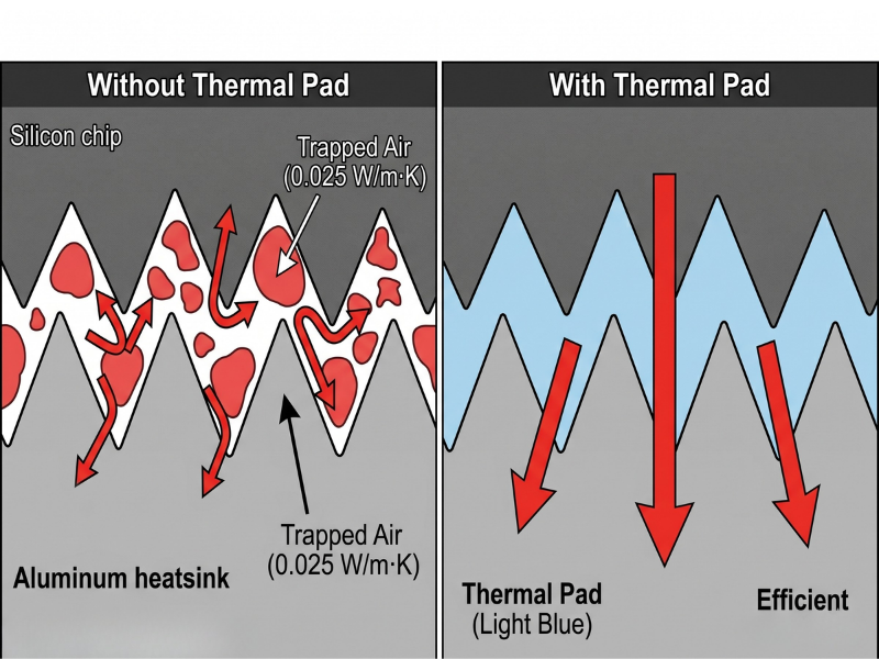 Microscopic cross-section diagram showing how a compressible heat transfer pad fills air gaps between a processor and a heat sink to prevent thermal throttling
