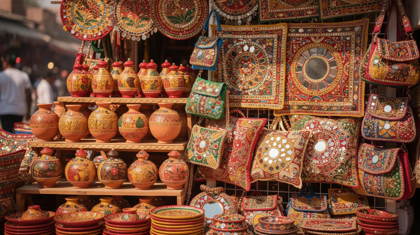 The image showcases a vibrant market stall filled with colorful Rajasthani handicraft items, including intricately designed pottery and stunning mirror work. This display highlights the rich cultural heritage of Rajasthan and presents attractive business ideas for budding entrepreneurs in the handicraft sector.