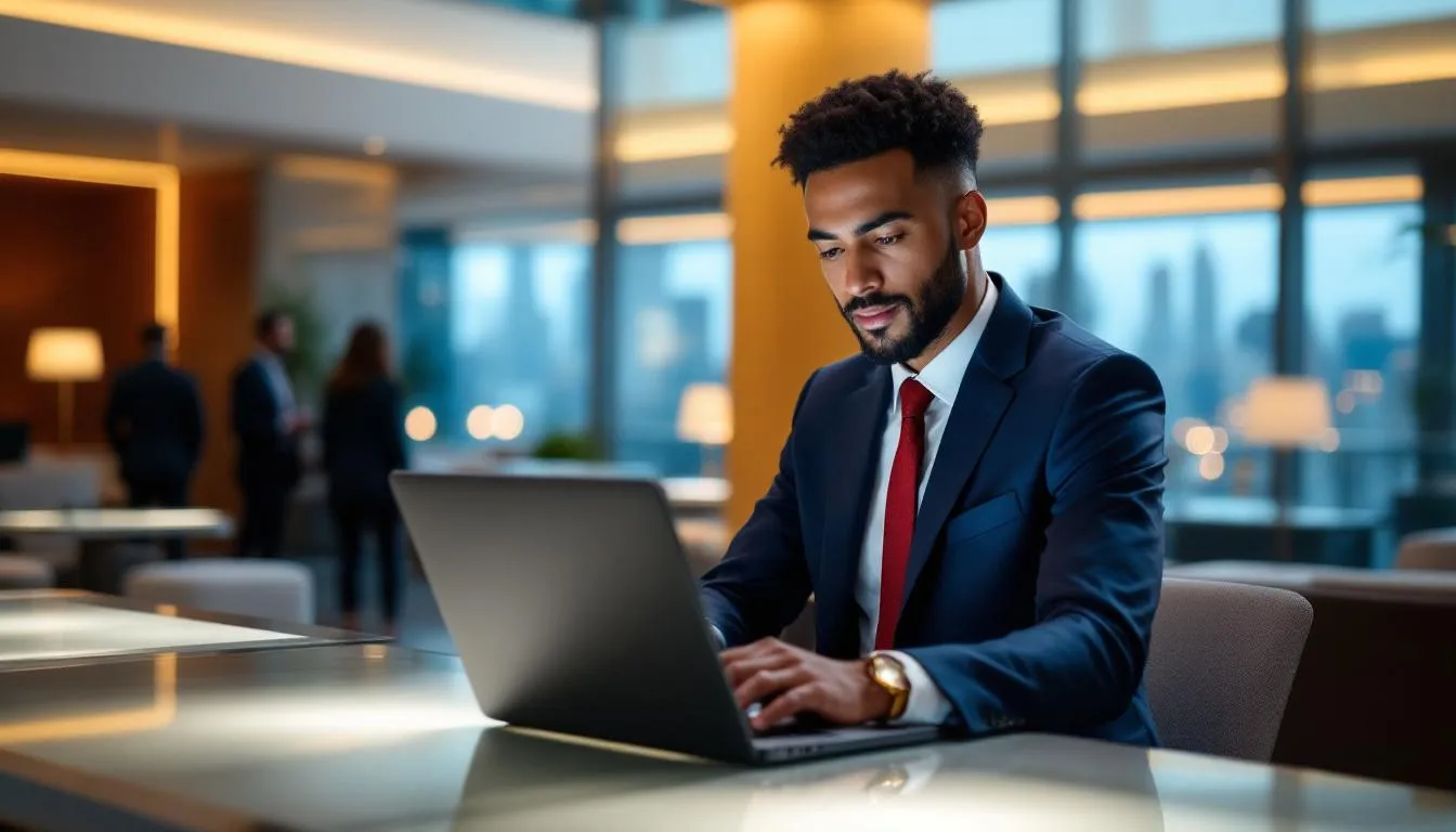 A professional businessperson is focused on their laptop while seated in a stylish hotel lobby, surrounded by modern decor, creating a conducive environment for business travelers. This scene reflects the needs of hotel guests seeking a comfortable space to work, emphasizing the hotel’s amenities for business trips and leisure travelers alike.