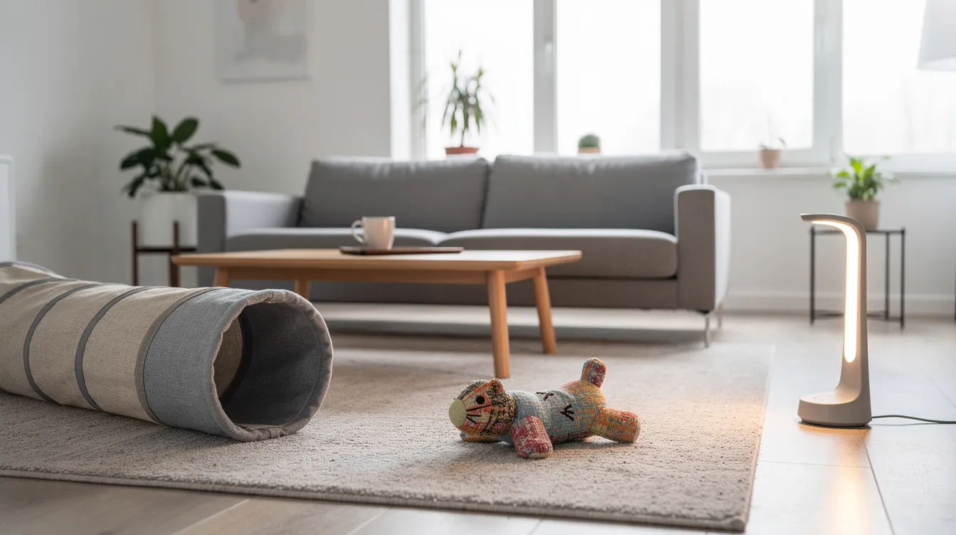 The image depicts a modern living room featuring a cozy cat tunnel and a plush kicker toy, designed for interactive play, alongside minimalist furniture. The inviting space is perfect for cat owners looking to provide their pets with durable toys that stimulate mental engagement and encourage playful behavior.