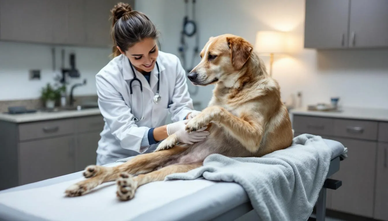 A veterinarian is examining a dog