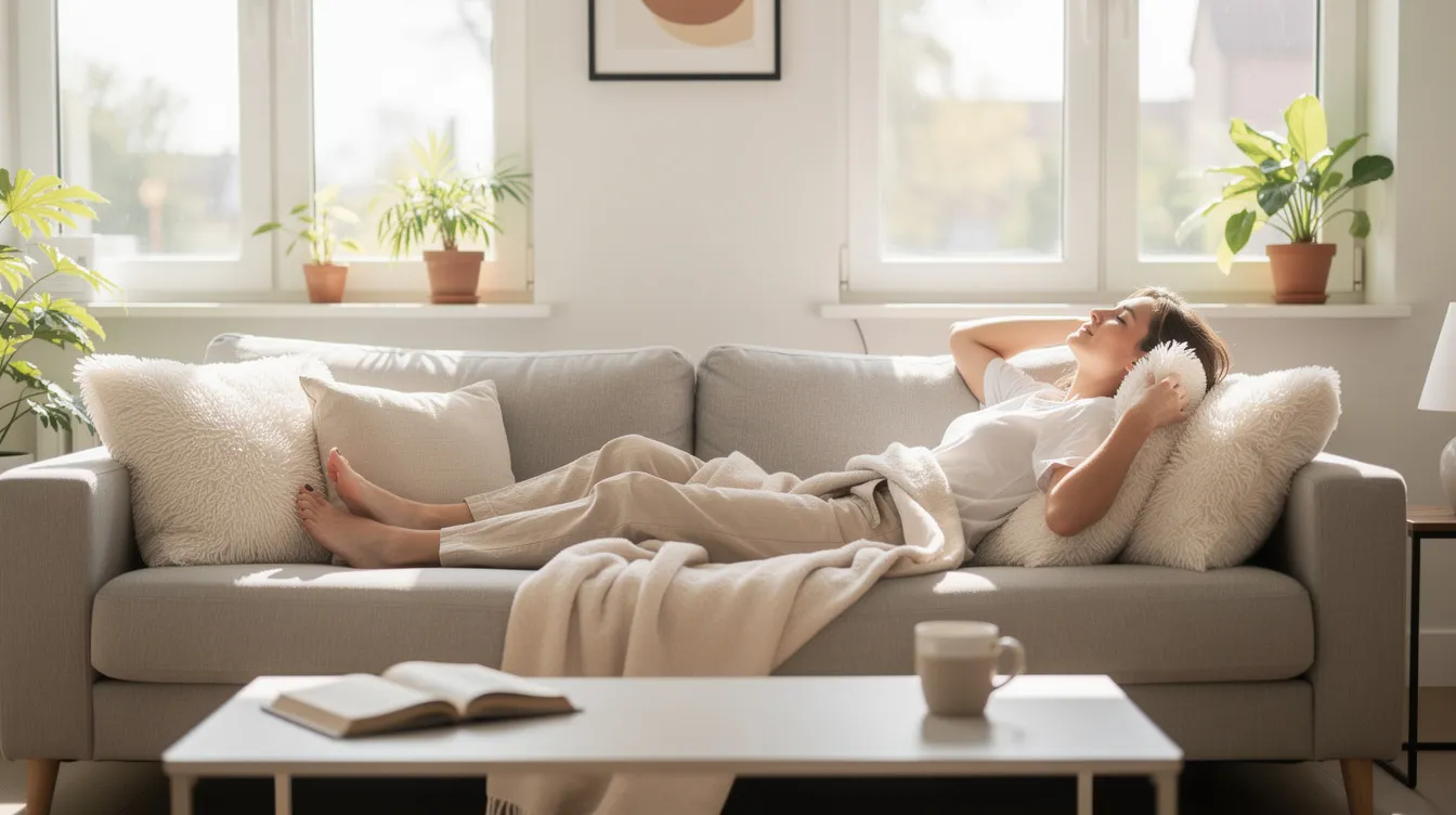 The image depicts a person comfortably relaxing on a couch, with their arms resting on soft pillows in a bright living room. This serene setting may evoke a sense of recovery, possibly after an arm lift procedure, as they enjoy a moment of rest and healing.