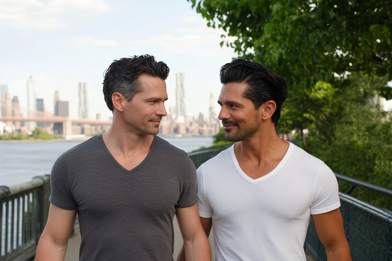 Male couple walking together along the Brooklyn Heights Promenade, reflecting the relational patterns CBT treatment addresses for couples in New York