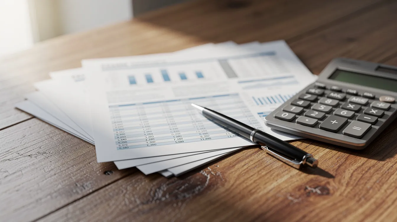 The image features financial documents alongside a calculator and a pen, all placed on a wooden desk, suggesting a focus on cost analysis and financial projections related to a milk powder manufacturing plant. This setup reflects the planning and budgeting processes essential for the milk powder industry.