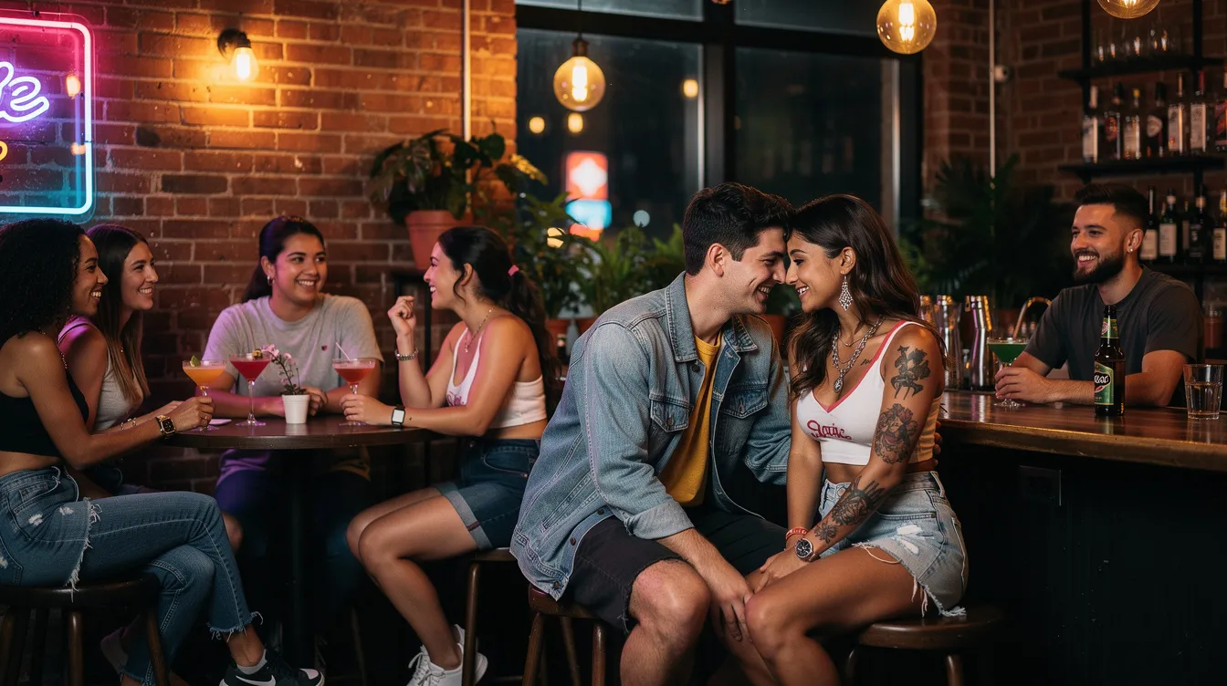 A lively group of Gen Z friends is enjoying a night out at a cocktail bar in Williamsburg, Brooklyn, where one couple is engaged in a close conversation, showcasing their compatibility. The atmosphere is vibrant, filled with laughter and the sounds of a nearby dance floor, making it an ideal spot for new friends and date nights.
